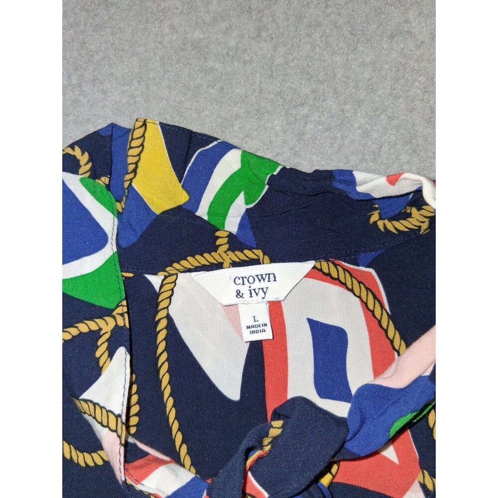 Crown & Ivy Nautical Flag Long Sleeve Blouse Size L Multicolor Coastal Tie Neck - Picture 2 of 10